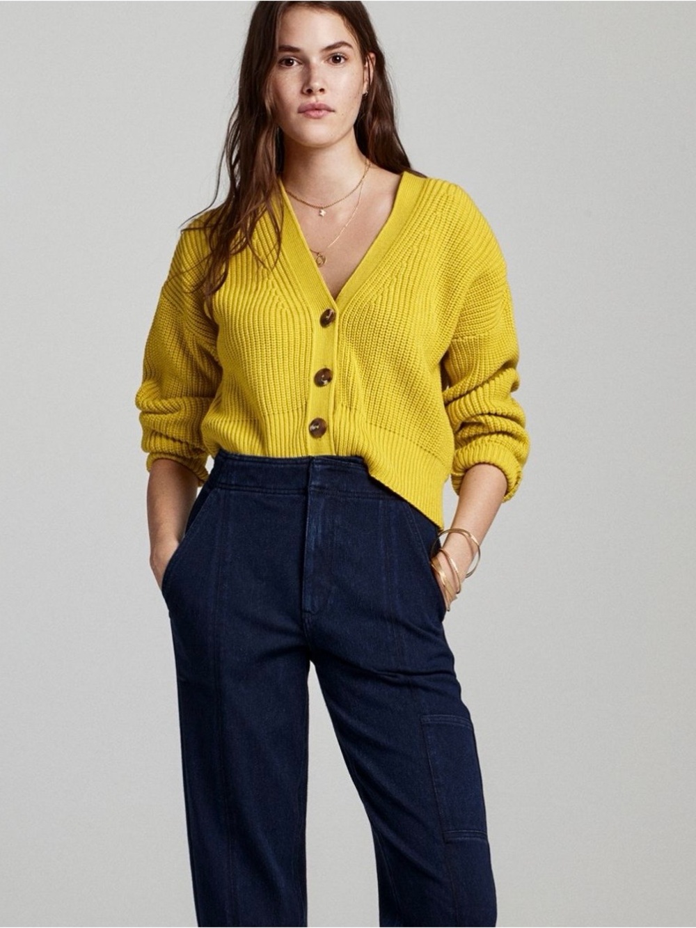 Maeve yellow vneck button ribbed knit cardigan
